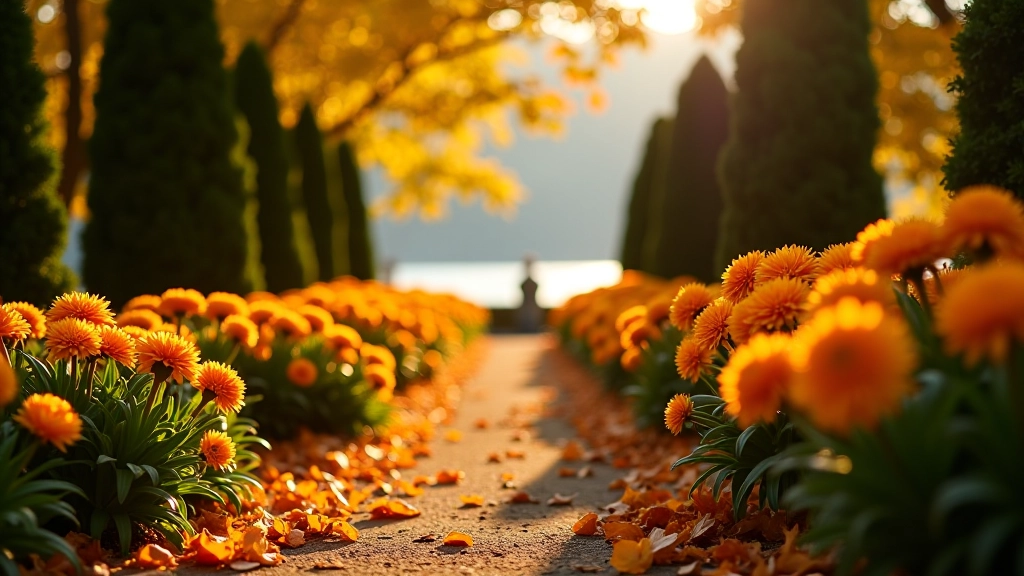 Crisantemi arancioni e gialli in autunno, foglie rosse cadute, giardino lago como, tonalità calde