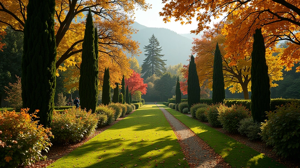 Giardino autunnale con foglie colorate, toni di oro e rosso, alberi monumentali creano composizione visuale ricca