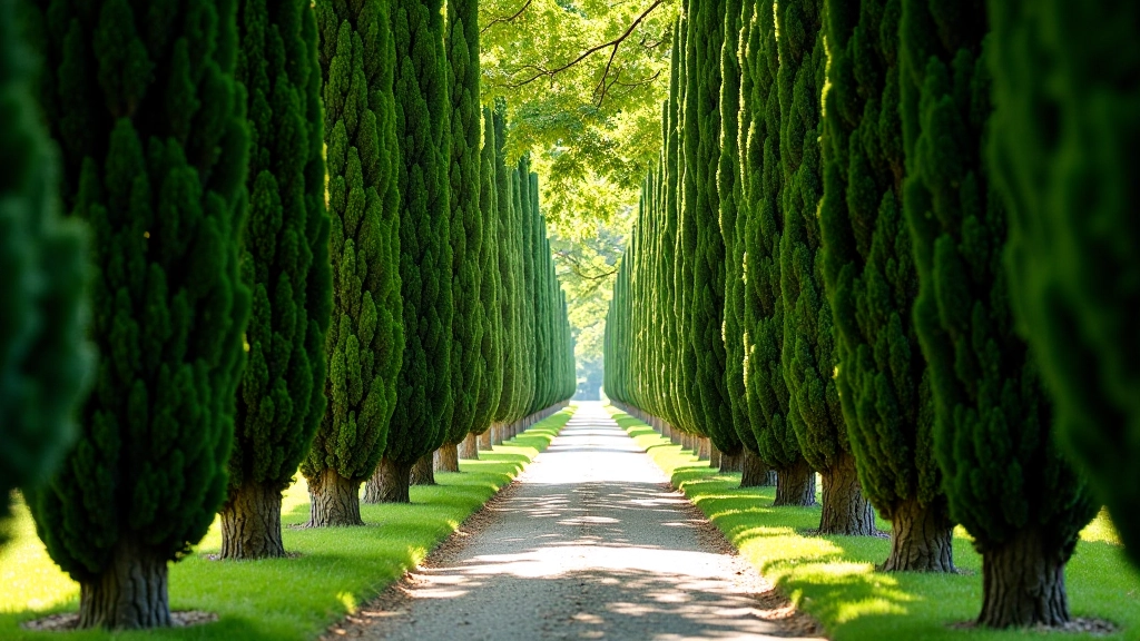 Viale di cipressi che crea un tunnel naturale di ombre e luce, perfetto per passeggiate meditative, sentiero ben curato
