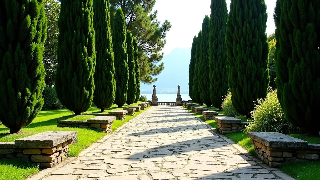 Giardino storico con sentieri pavimentati, panchine di pietra, e cipressi in fila che creano ombre eleganti