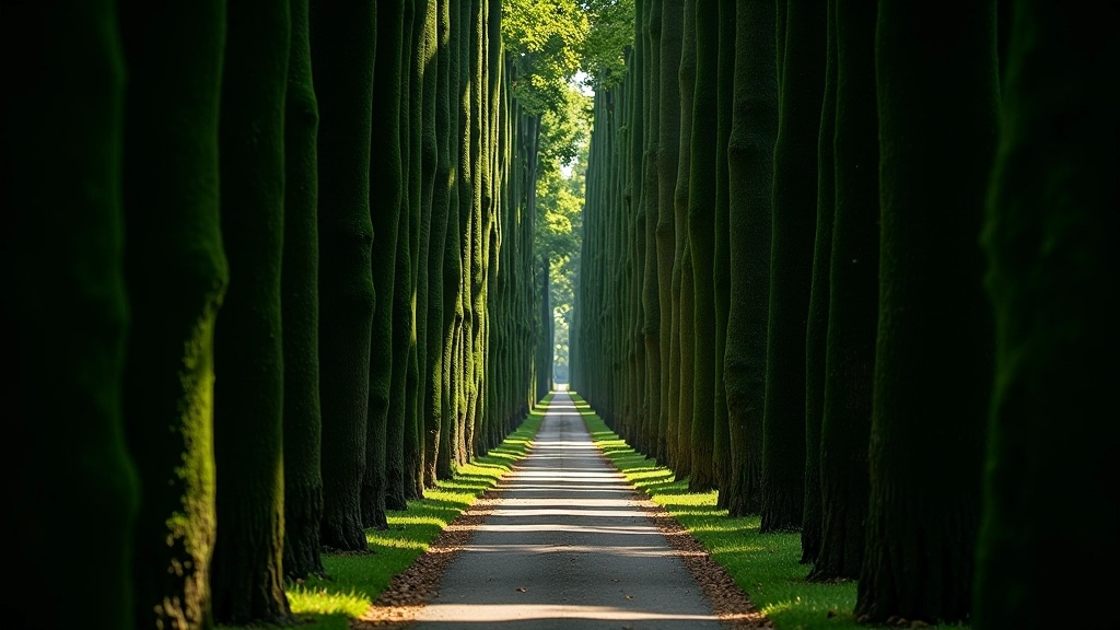 Viale stretto di cipressi che forma un tunnel verde scuro, luce soffusa e intima, ombra profonda, sentiero tranquillo e solitario, atmosfera mistica