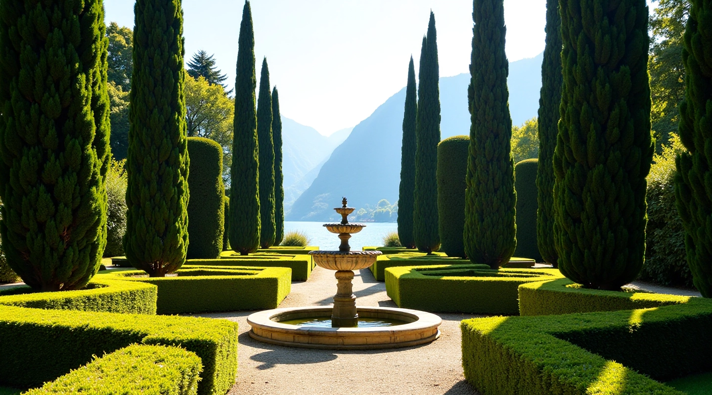 Antico giardino all'italiana con cipressi maestosi e fontana al centro, architettura rinascimentale, vista sul lago Como sullo sfondo