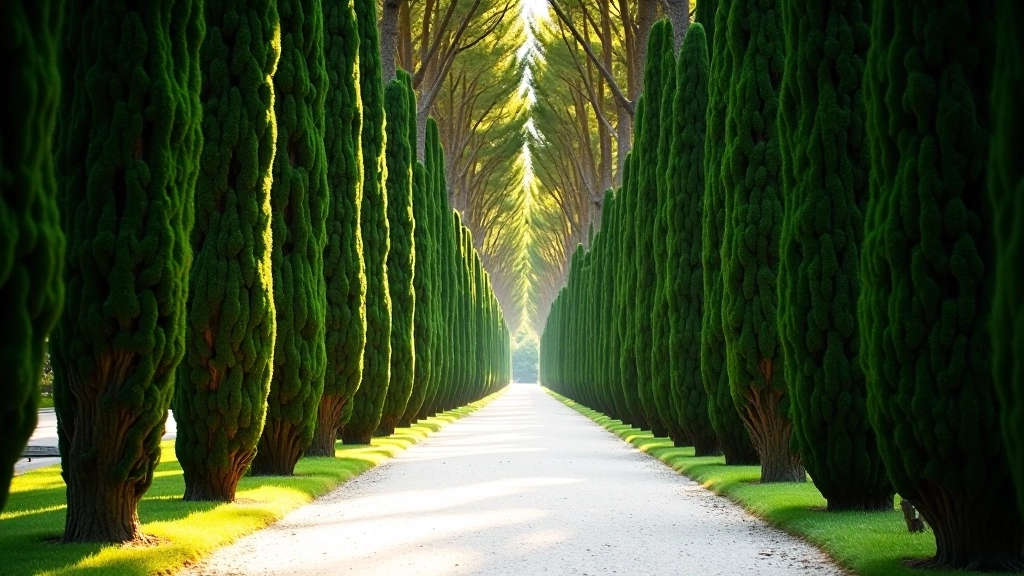 Viale di cipressi monumentali che crea un tunnel verde naturale, luce dorata che filtra tra i rami, sentiero di ghiaia ben mantenuto, atmosfera meditativa