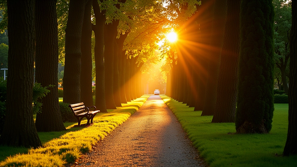 Sentiero tranquillo in giardino al tramonto, luce dorata che filtra tra gli alberi, panchina vuota in primo piano