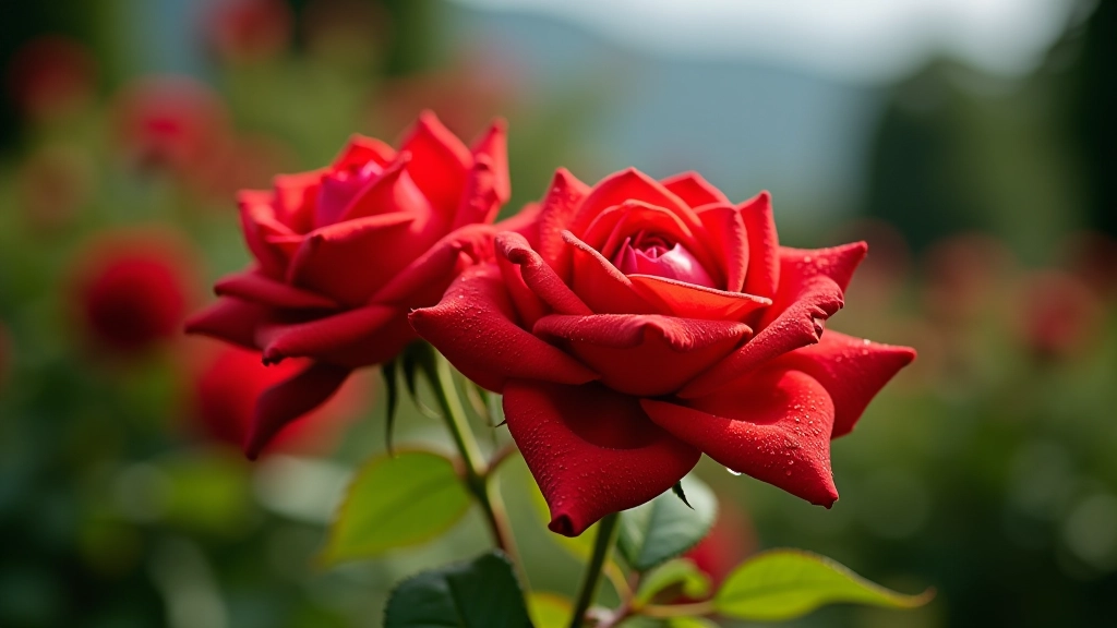 Rose rosse in fiore durante l'estate, giardino botanico lago como, macrofotografia fiori profumati