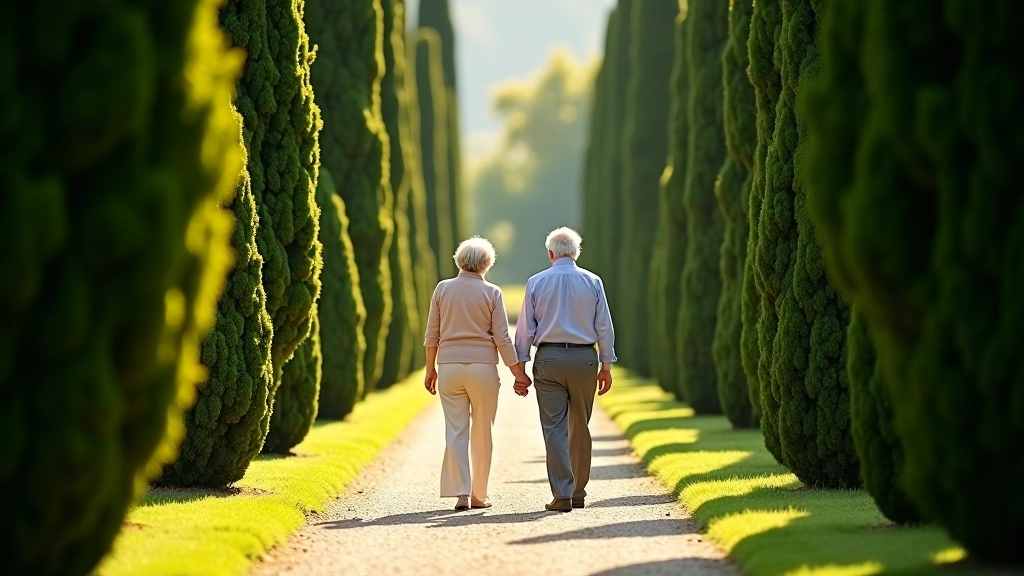 Coppia di pensionati passeggia lungo un viale di cipressi in un giardino storico
