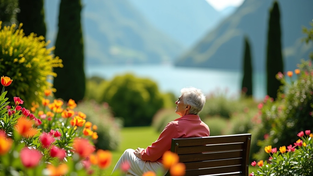 Anziana signora seduta su una panchina in giardino, circondata da fiori colorati e piante verdi, vista serena sul lago