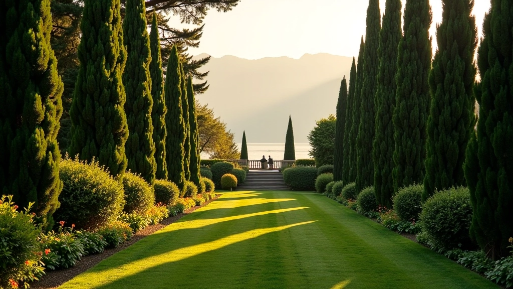 Giardini storici con cipressi al tramonto