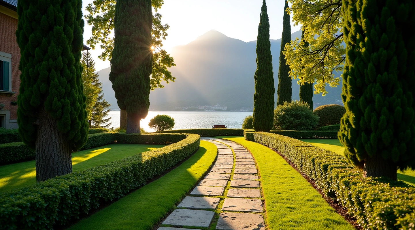 Giardini tranquilli con viali di cipressi sul Lago di Como