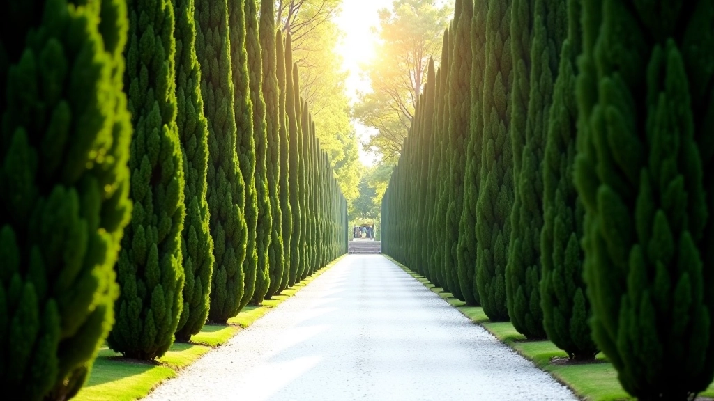 Viale di cipressi perfettamente simmetrico, alberi alti e dritti, luce che filtra tra i rami, prospettiva lineare che scompare in lontananza