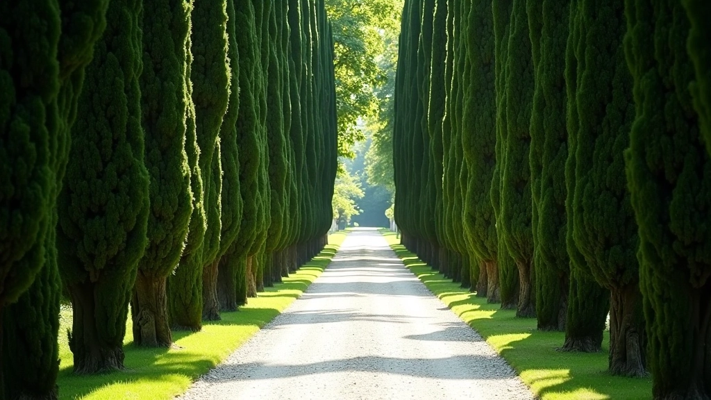 Viale di cipressi monumentali che forma un tunnel verde, luce filtrata tra i rami, sentiero di ghiaia bianca